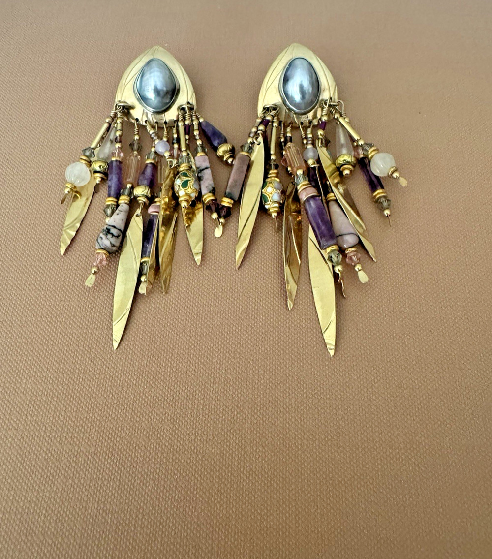 Tabra Signed Dangle Earrings Gold-Filled Pearl Amethyst Cloisonné Crystal Beads